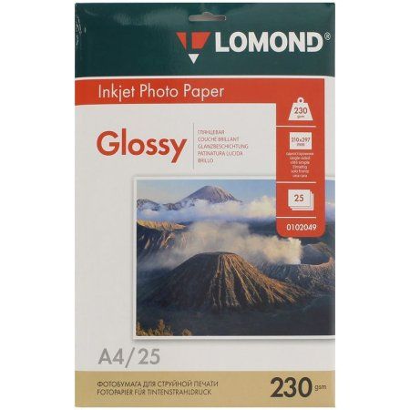 Фотобумага Lomond A4 230 г/м2 25 л, для струйных принтеров, глянцевая односторонняя RE-0102049