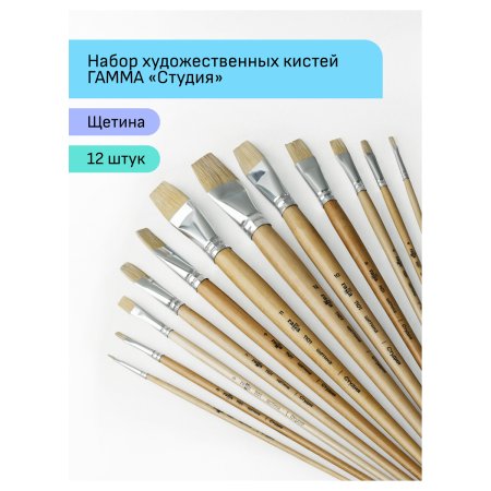 Набор художественных кистей щетина ГАММА "Студия" 12 шт плоские №1, 2, 3, 4, 5, 6, 7, 8, 9, 10, 11, 12 RE-11001012