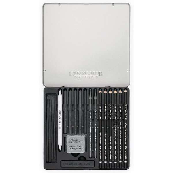 Набор для рисования углем CRETACOLOR Black Box Charcoal 20 предметов, мет.пенал CR40030