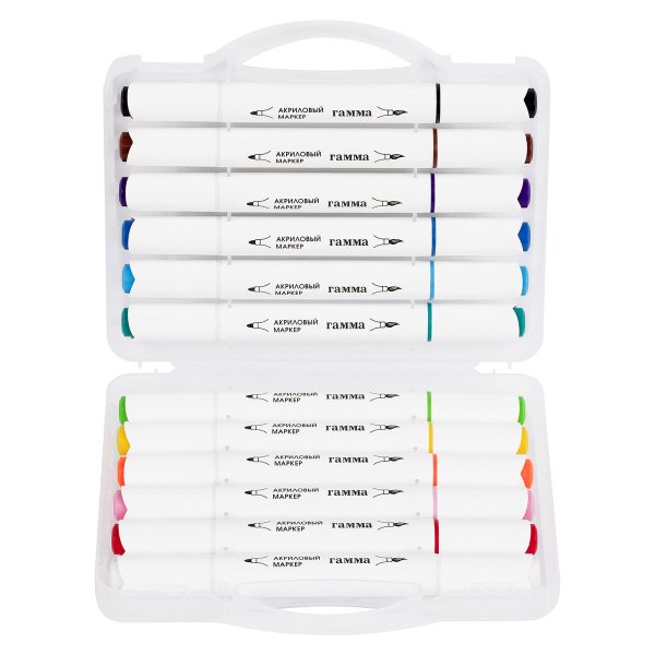 Маркеры акриловые ГАММА "Классические", 12 цв., двусторонние кисть и пуля, пластик.бокс RE-15062025_12