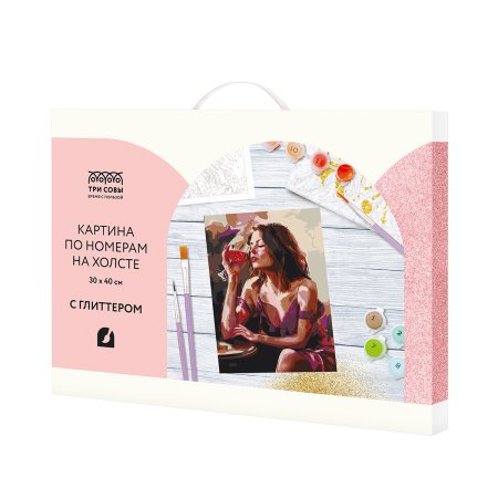 Картина по номерам на холсте с глиттером ТРИ СОВЫ "Девушка с бокалом" 30 x 40 см с акриловыми красками и кистями RE-КХг3040_57055