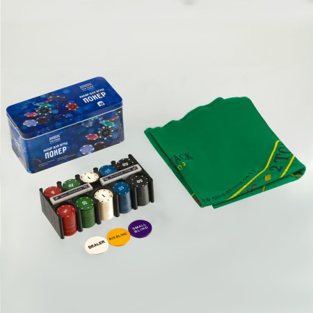 Набор для игры в "Покер" 200 фишек (2 колоды карт, сукно) металлическя коробка RE-PS-62414