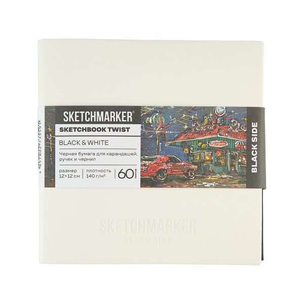 Скетчбук SKETCHMARKER Black&White два в одном, мягкая обложка черная/белая 140 г/м2, 12 х 12 см, 60 л бумага белая, 140 г/м2 60 л бумага черная MP24142002SM