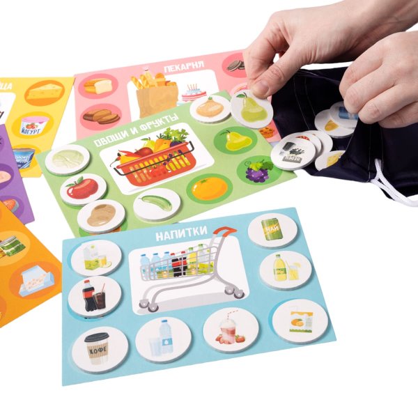 Лото Baby Toys с деревянными фишками "В магазин за продуктами" 6 карточек, 48 фишек, 3+ KOR-05029