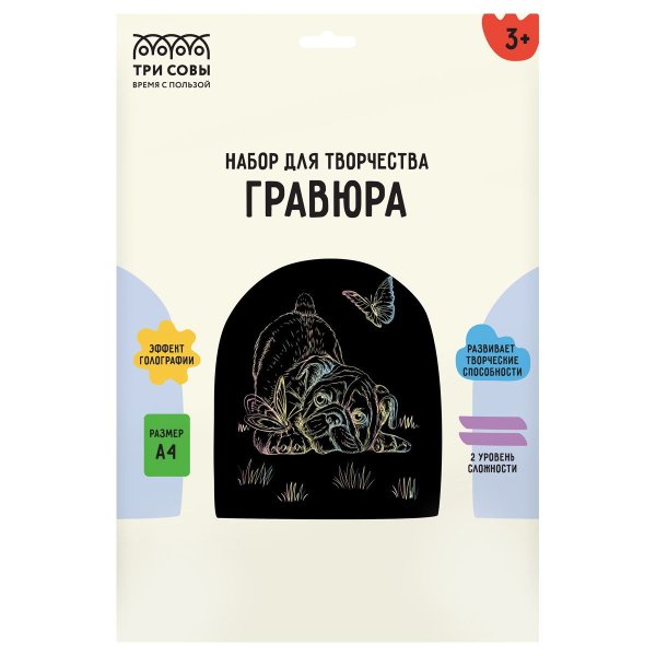 Гравюра с голографическим эффектом ТРИ СОВЫ А4 "Мопс и бабочка" RE-GA4_48290