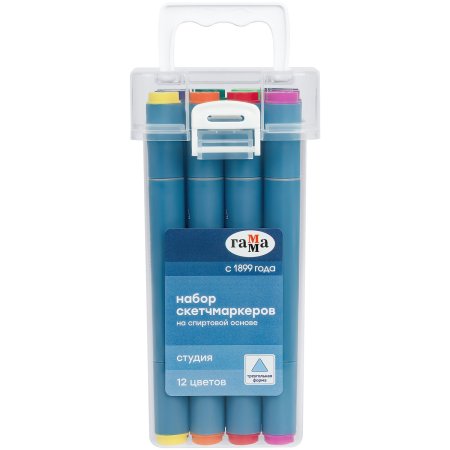 Набор двусторонних маркеров для скетчинга ГАММА "Студия" 12 цв, основные цвета, пуля/скошен, пластик кейс RE-1204P_12