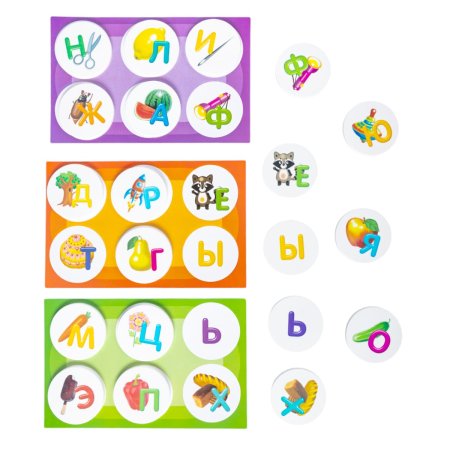Лото с пластиковыми фишками "Азбука" 6 карточек, 36 фишек, 3+ KOR-04504
