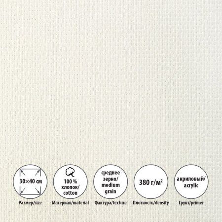 Холст грунтованный на подрамнике VISTA-ARTISTA 100% хлопок 30 х 40 см 380 г/м2 Трубежской среднезернистый ACMG-3040