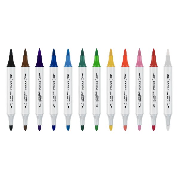 Маркеры акриловые ГАММА "Классические", 12 цв., двусторонние кисть и пуля, пластик.бокс RE-15062025_12
