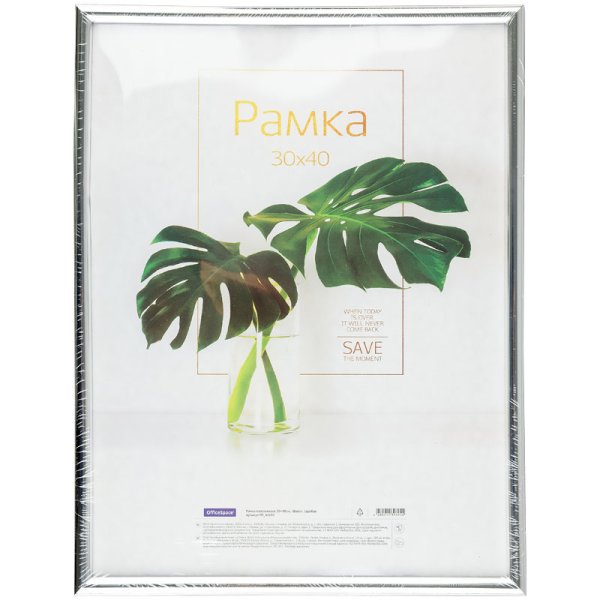 Рамка пластиковая OfficeSpace "Basic" 30 x 40 см, небьющееся стекло, серебро RE-РП_41695
