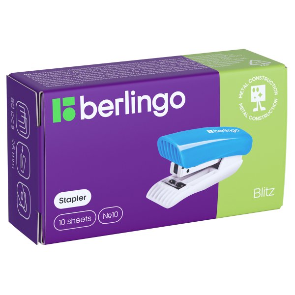 Мини-степлер №10 Berlingo "Blitz" до 10 л, пластиковый корпус, голубой RE-DSp_10310