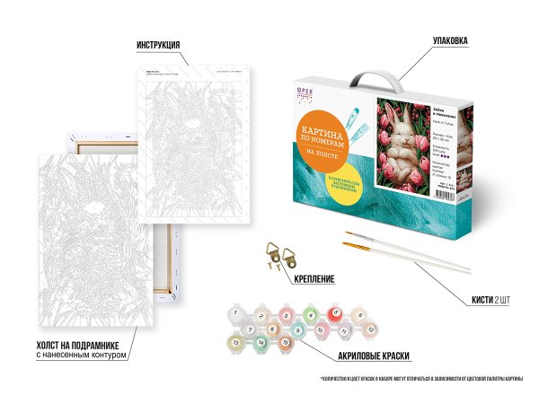 Набор для раскрашивания по номерам (холст на подрамнике) ФРЕЯ 30 х 20 см "Зайка в тюльпанах" PNB/PS-375