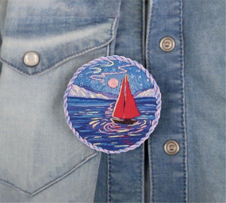 Набор для вышивания PANNA Живая картина. Брошь. Парусник под луной 5.5 х 5.5 см JK-2207