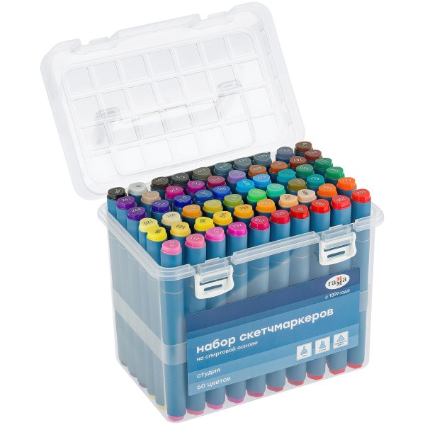Набор двусторонних маркеров для скетчинга ГАММА "Студия" 60 цв, основные цвета, пуля/скошен, пластик кейс RE-1204P_60
