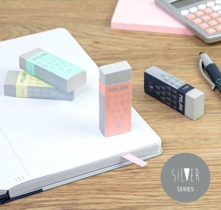Ластик прямоугольный MILAN "320" Silver 61 x 23 x 12 мм, карт.держатель, ассорти ML-CPM320SL