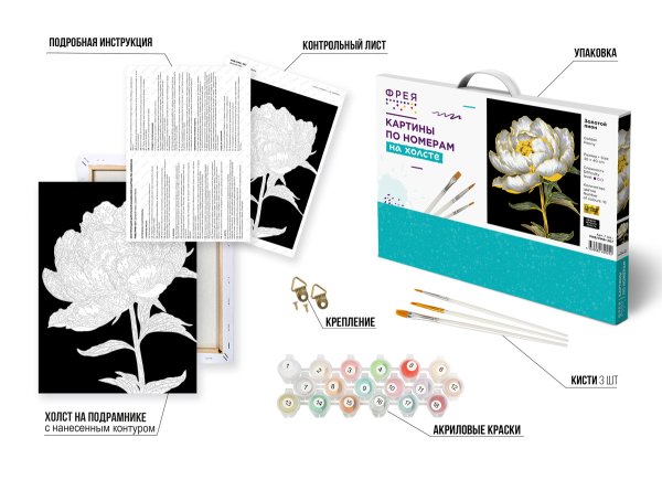 Набор для раскрашивания по номерам (черный холст, с краской-металлик) ФРЕЯ 40 х 30 см "Золотой пион" PNB/PMB-307