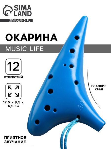Музыкальный инструмент Окарина Music Life 12 отверстий, 17.5 х 9.5 х 4.5 см, пластик, синий SIM-9893241