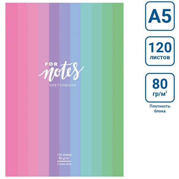 Скетчбук 120л. A5 BG "For notes" 7БЦ, 80 г/м2, матовая ламинация, трехцветный тонированный блок RE-С5т120_лм_9074
