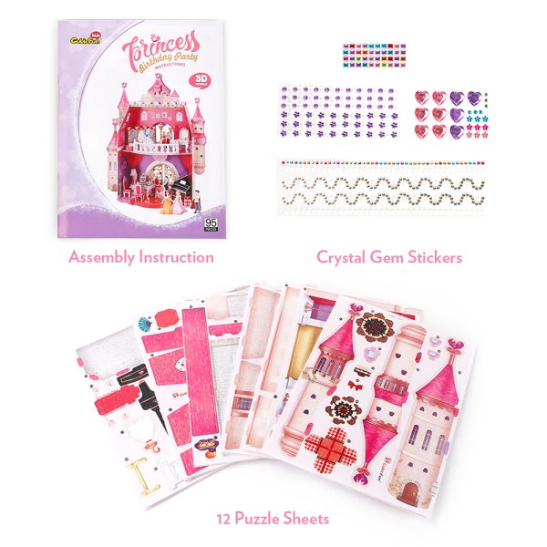 3D пазл CubicFun Серия "Домики" Замок День Рождения Принцессы с наклейками и стразами, 95 деталей UT-E1622h