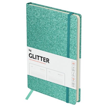 Ежедневник недатированный A5 136л. BG "Glitter. Teal" твердый переплет, диз. картон, на резинке, карман, бирюзовый RE-DuA5_61220