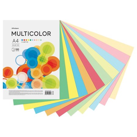 Бумага цветная OfficeSpace "Multicolor" A4 80 г/м2 100 л, 10 цветов RE-MC_62241