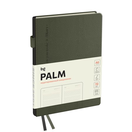 Ежедневник недатированный A6 136л. BG "Palm. Dark khaki" кожзам, твердый переплет, темно-зеленый RE-DuA6_61324 Ежедневник недатированный A6 136л. BG "Palm. Dark khaki" кожзам, твердый переплет, темно-зеленый RE-DuA6_61324
