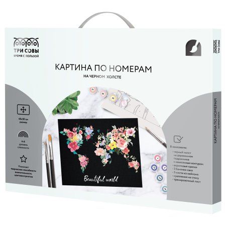 Картина по номерам на черном холсте ТРИ СОВЫ "Мир цветов" 40 x 50 см, краски, кисть RE-КХп_48166