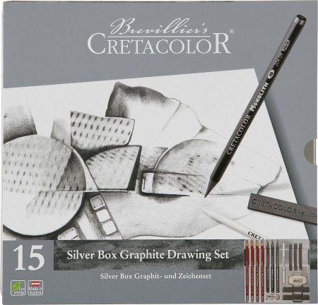Набор для графики и эскизов CRETACOLOR Silver Box Graphite 15 предметов, мет.пенал CR40018 Набор для графики и эскизов CRETACOLOR Silver Box Graphite 15 предметов, мет.пенал CR40018