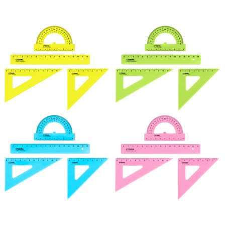 Набор чертежный СТАММ размер S (линейка 16 см, 2 треугольника, транспортир), прозрачный, неоновые цвета, ассорти, европодвес RE-НЧ-30520