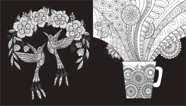 Раскраска: Чарующие цветы. Раскраска на черном фоне EKS-843687