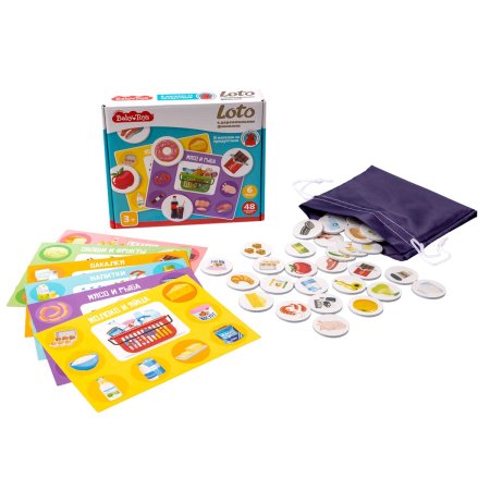 Лото Baby Toys с деревянными фишками "В магазин за продуктами" 6 карточек, 48 фишек, 3+ KOR-05029