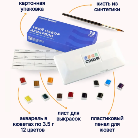 Набор акварельных красок Стихия кюветы 12 цветов, пластиковый пенал MPST02000