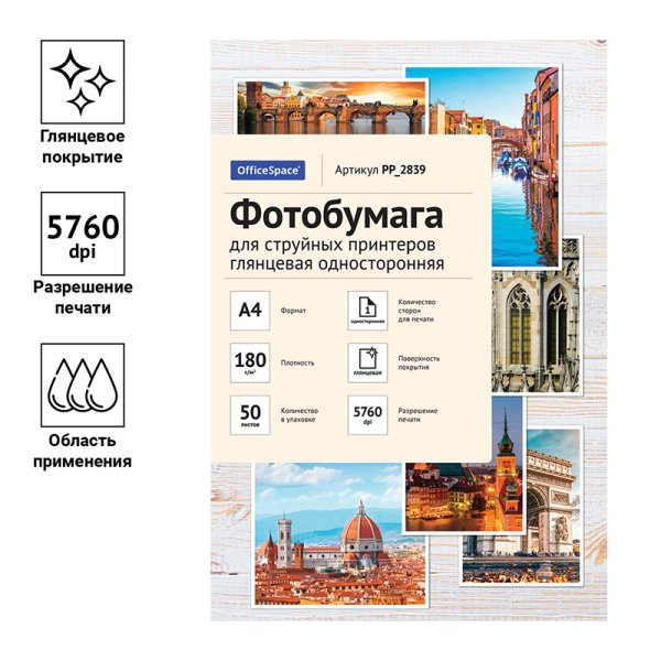 Фотобумага OfficeSpace A4 180 г/м2 50 л, для струйных принтеров, глянцевая односторонняя RE-PP_2839