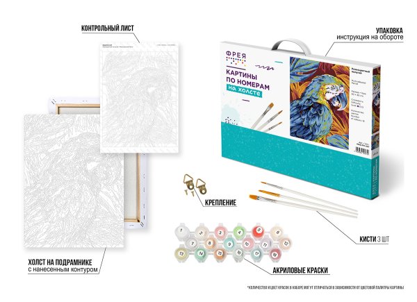 Набор для раскрашивания по номерам (холст на подрамнике) ФРЕЯ 40 х 30 см "Разноцветный попугай" PNB/PM-397