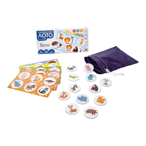 Лото с пластиковыми фишками "Животные" 6 карточек, 36 фишек, 3+ KOR-04521