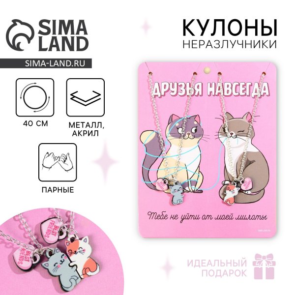 Кулоны неразлучники "Друзья навсегда" 11 х 14 см 2 шт, 40 см чернёное серебро SIM-7576782