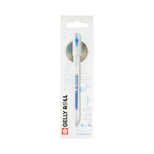 Ручки гелевые SAKURA Gelly Roll Stardust с блёстками, выдвижные, набор 3 цвета (синий, небесно-голубой, серебристый) RTPXGBRASTA3D