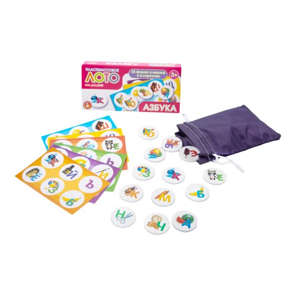 Лото с пластиковыми фишками "Азбука" 6 карточек, 36 фишек, 3+ KOR-04504