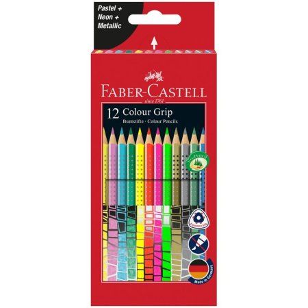 Карандаши цветные Faber-Castell "Grip" 12 цв неон/пастель/металлик, трехгранные, заточенные, картон RE-201569