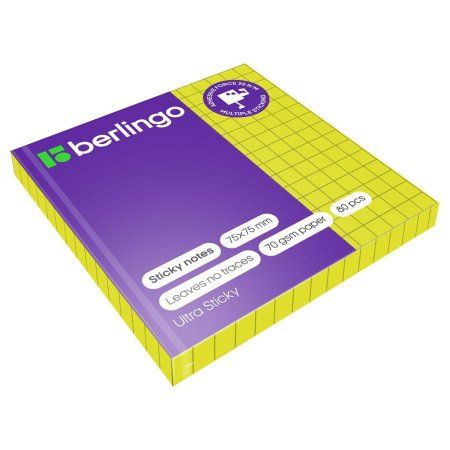 Самоклеящийся блок Berlingo "Ultra Sticky" 75 x 75 мм 80 л в клетку, зеленый неон RE-LSn_39701