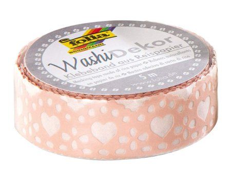 Скотч декоративный FOLIA Washi Dekor 15 мм x 5 м, ажурный, сердечки, розовый FL-29001