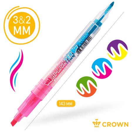 Набор текстовыделителей двухсторонних Crown "Multi Hi-Lighter Twin" 3 шт 6 цв 3/2 мм блистер RE-H2-1000-B/3