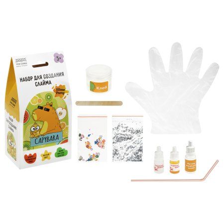 Набор для создания слайма ТРИ СОВЫ Slime party "Капибара" желтый, наполнение - фимо фигурки и блестки, аромат тропический микс, картонная коробка RE-556