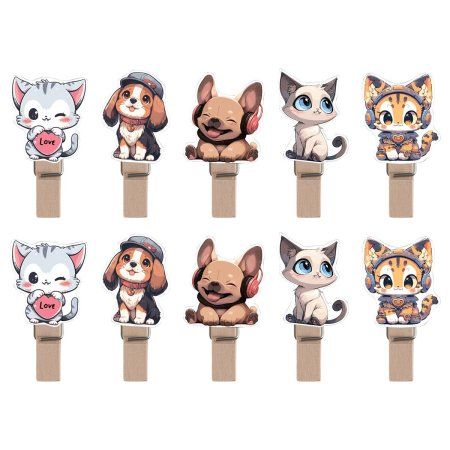 Зажимы для бумаг 7 мм MESHU "Cute pets" 10 шт, деревянные, ассорти, опп пакет с европодвесом, веревка в комплекте RE-MS_55481