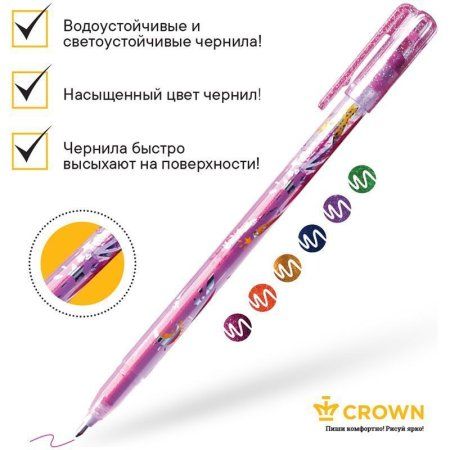 Набор гелевых ручек Crown "Glitter Metal Jell" 6 шт 6 цв 1.0 мм, с блестками, ПВХ уп., европодвес RE-MTJ-500GL/6