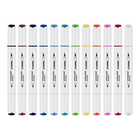Маркеры акриловые ГАММА "Классические", 12 цв., двусторонние кисть и пуля, пластик.бокс RE-15062025_12