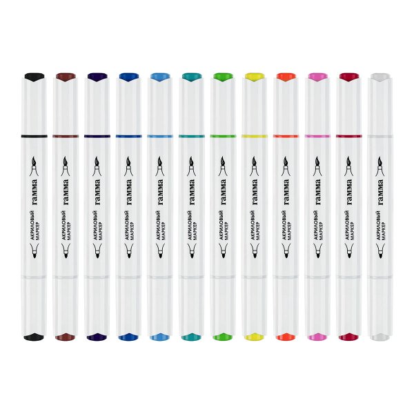 Маркеры акриловые ГАММА "Классические", 12 цв., двусторонние кисть и пуля, пластик.бокс RE-15062025_12