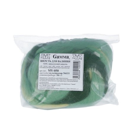 Шерсть для валяния GAMMA 100% полутонкая шерсть 50 г з.яблоко/морские водоросли/липа MY-050-6111