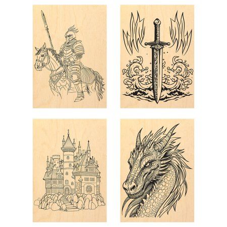 Набор досок для выжигания и росписи по дереву ТРИ СОВЫ "Рыцарь и дракон" 4 шт 15 x 21 см, пакет с европодвесом RE-НВ_56779