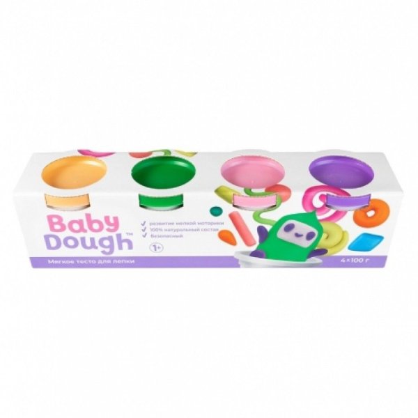 Тесто для лепки BabyDough набор 4 цвета №3 (персиковый, нежно-розовый, зеленый, фиолетовый) AS-BD018